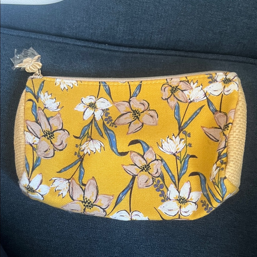 Sisley Yellow Floral Cosmetic Pouch with Blue Accents